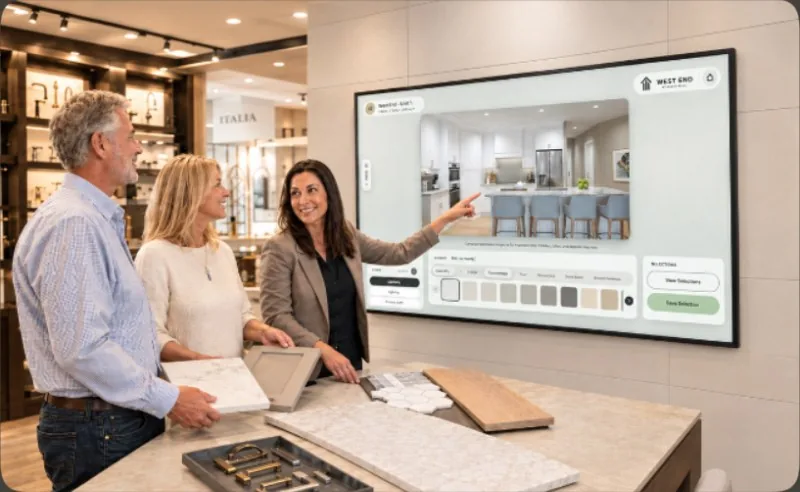 A sales consultant walks a couple through finish options on a CustomSpace touchscreen